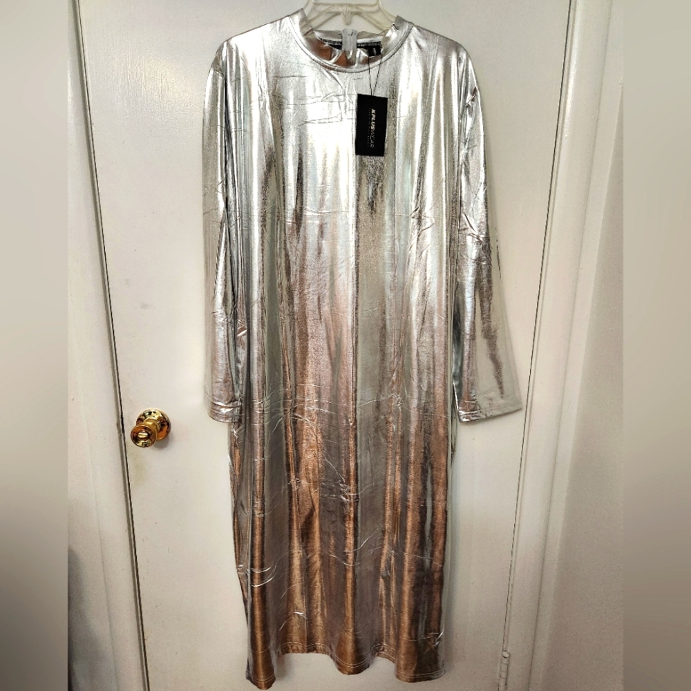 Silver metallic lamè bodycon high-neck midi dress with long sleeve